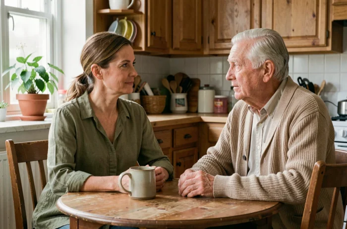 Une femme aidante en discussion attentive avec un homme âgé autour d'une table de cuisine familiale, illustrant le soutien quotidien aux familles
