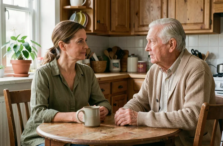 Une femme aidante en discussion attentive avec un homme âgé autour d'une table de cuisine familiale, illustrant le soutien quotidien aux familles
