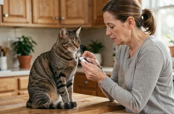 Femme administrant un comprimé de clavaseptin à son chat tigré sur une table en bois dans une cuisine familiale