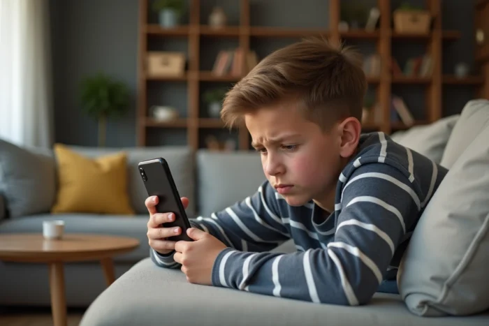 Adolescent recevant une notification de limite de temps Family Link sur son téléphone dans le salon