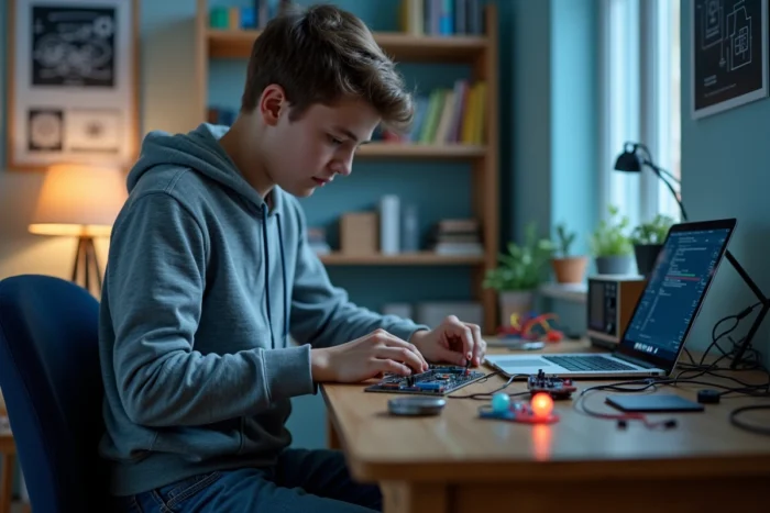 Adolescent assemblant un projet Arduino avec composants électroniques sur un bureau dans sa chambre