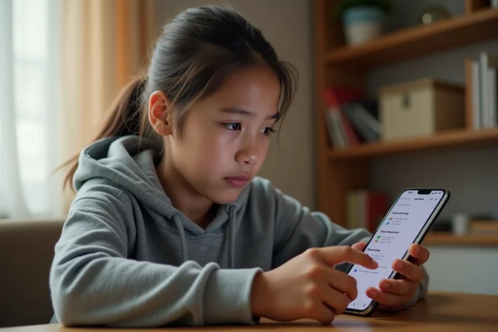 Adolescente regardant les paramètres Family Link sur son smartphone Android dans sa chambre