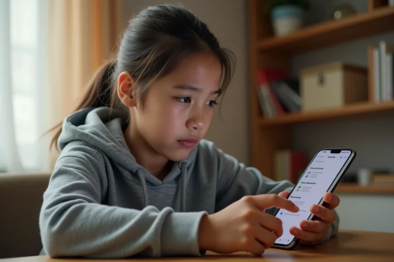 Adolescente regardant les paramètres Family Link sur son smartphone Android dans sa chambre