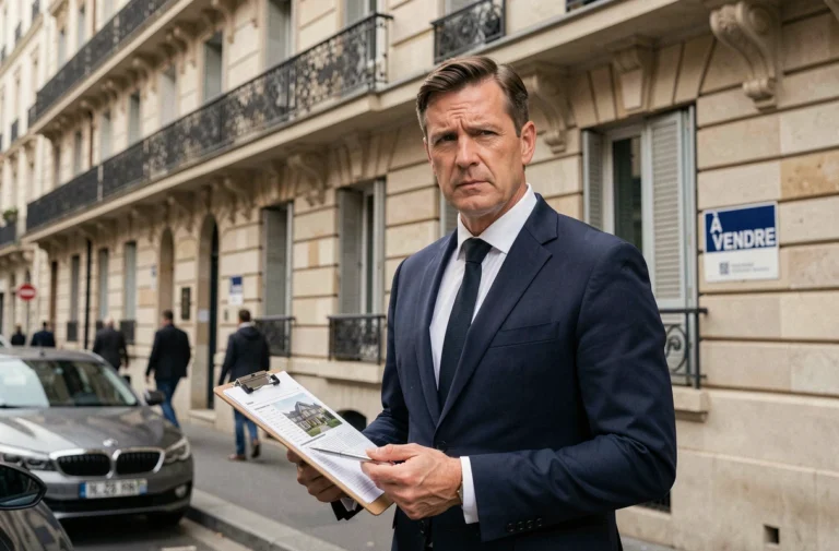 Agent immobilier devant un immeuble haussmannien parisien avec panneau À Vendre, illustrant la tension du marché immobilier français
