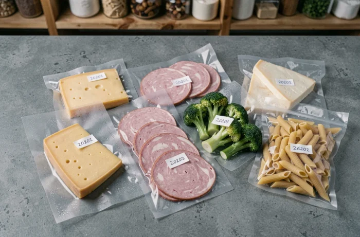 Assortiment d'aliments conditionnés sous vide étiquetés et rangés sur un plan de travail pour une conservation longue durée