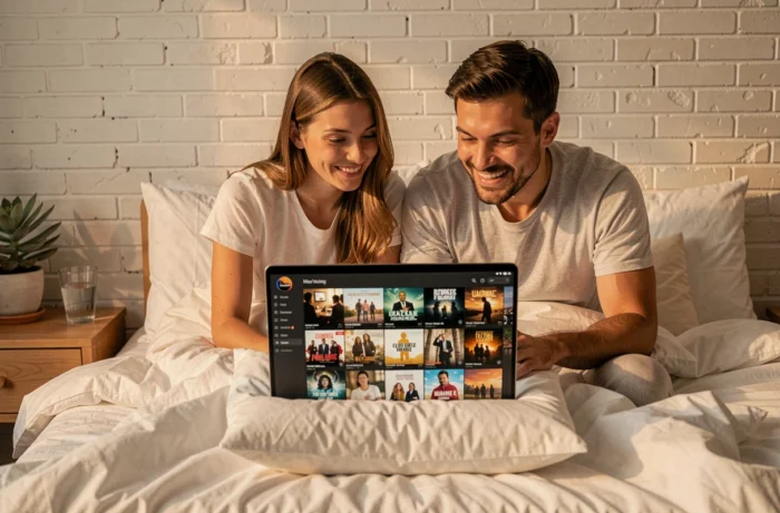 Deux amis regardant ensemble un catalogue de séries sur une plateforme de streaming gratuit depuis un ordinateur portable