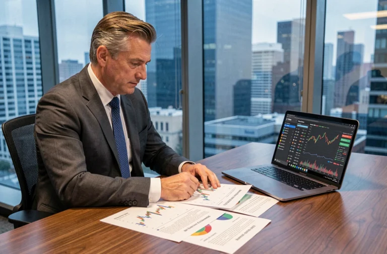 Analyste financier en costume étudiant les prévisions d'actions Airbus sur des graphiques imprimés et un ordinateur portable dans un bureau moderne