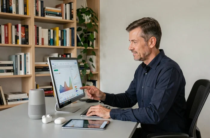 Homme travaillant avec plusieurs appareils connectés dans un bureau à domicile