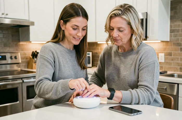 Femme utilisant un assistant connecté et une montre intelligente dans une cuisine moderne