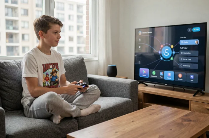 Adolescent utilisant une manette de jeu connectée devant une télévision intelligente dans un salon