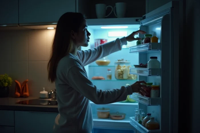 Une femme en pyjama debout devant le réfrigérateur ouvert la nuit illustrant l'appel irrésistible du frigo