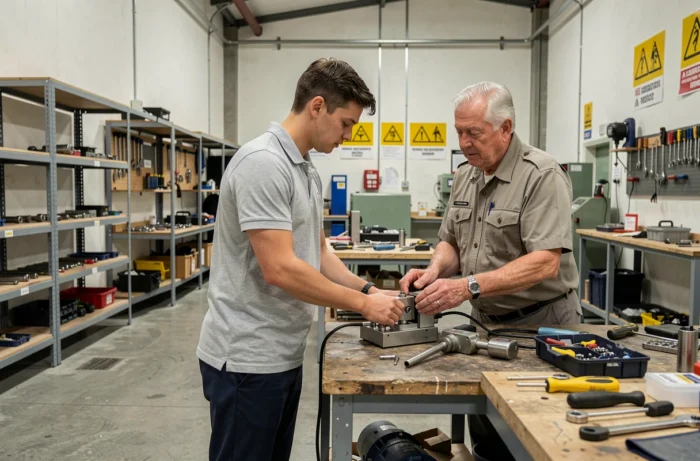 Jeune apprenti en formation technique supervisé par un professionnel expérimenté en atelier