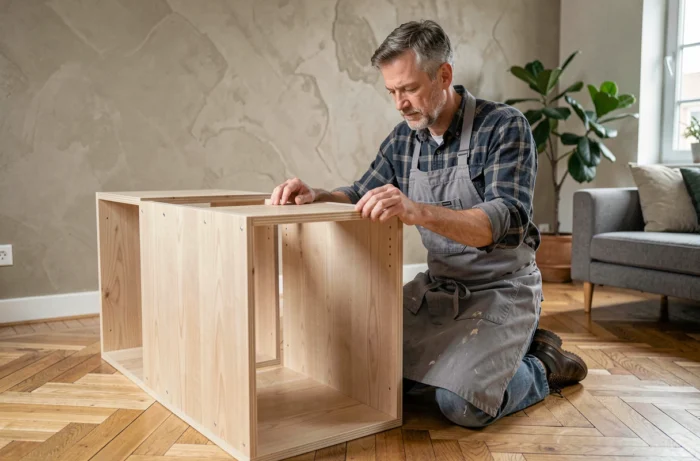 Artisan assemblant une bibliothèque modulaire sur mesure dans un salon résidentiel au parquet en chevrons