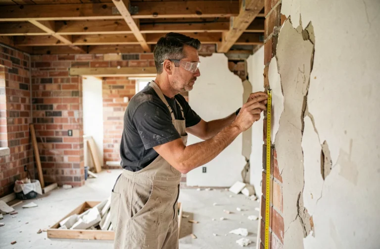 Artisan professionnel mesurant un mur en cours de démolition lors de travaux de rénovation intérieure
