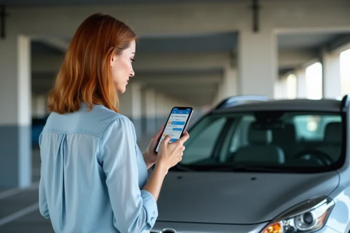 Femme consultant un assistant auto en ligne sur smartphone dans un parking urbain