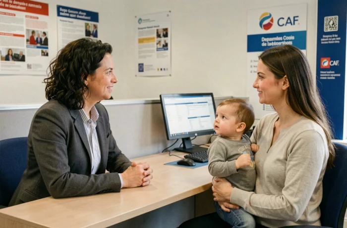 Travailleuse sociale accompagnant une jeune mère lors d'un entretien pour des aides familiales dans une CAF en Ille-et-Vilaine