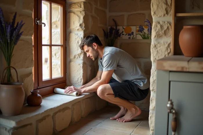 Homme posant un linge humide sur le rebord d'une fenêtre en pierre pour rafraîchir naturellement la maison