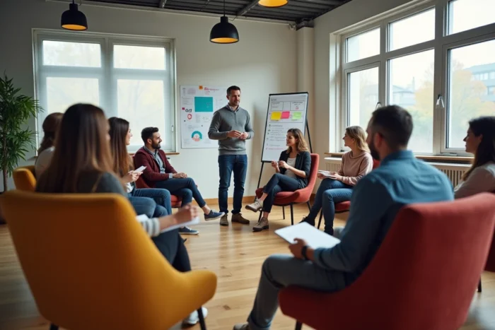 Employés participant à un atelier de team building animé dans le cadre d'un CSE modernisé et engageant