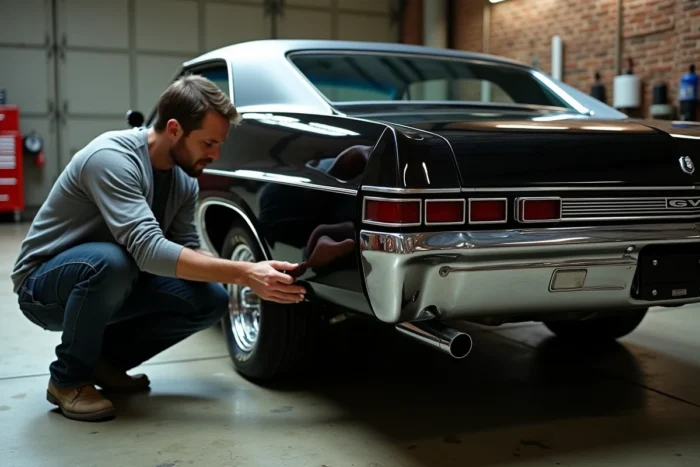 Mécanicien inspectant les badges et feux arrière authentiques d'une Chevrolet Impala 1967 de Supernatural dans un garage indépendant