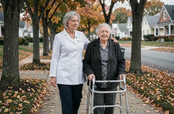 Levensondersteuner die een oudere persoon begeleidt tijdens een wandeling buiten met een looprek