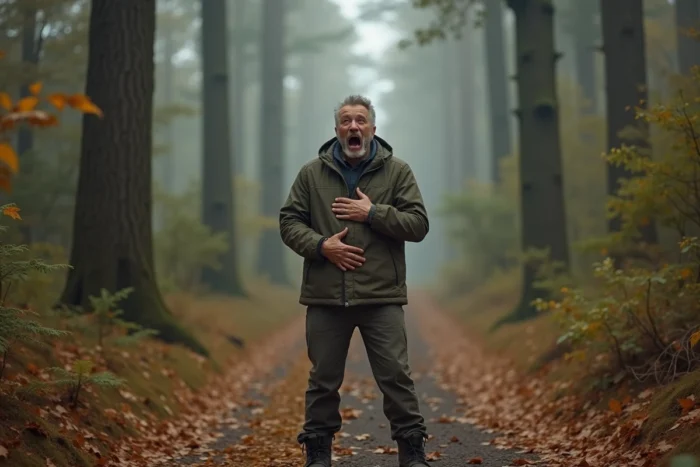 Un homme en randonnée dans une forêt automnale qui tient son ventre avec une expression dramatique de faim de loup