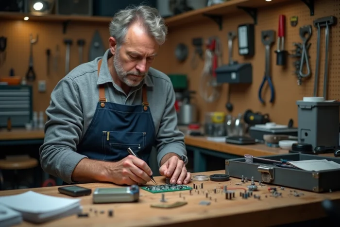 Homme bricoleur en train de souder un circuit électronique dans un atelier garage bien équipé