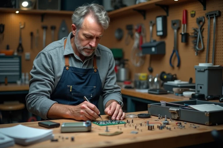 Homme bricoleur en train de souder un circuit électronique dans un atelier garage bien équipé