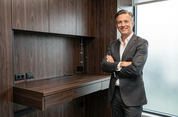 Dirigeant d'entreprise devant un poste de travail ergonomique sur mesure intégré dans un bureau privé en bois de noyer