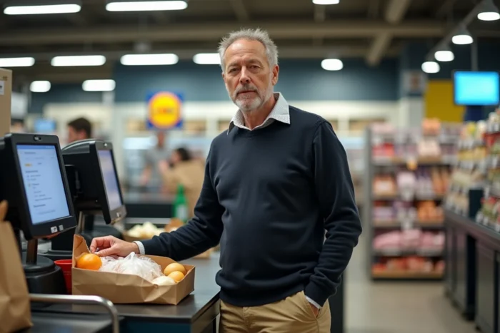 Client passant à la caisse d'un Lidl parisien le dimanche, déposant ses courses sur le tapis roulant d'une caisse enregistreuse