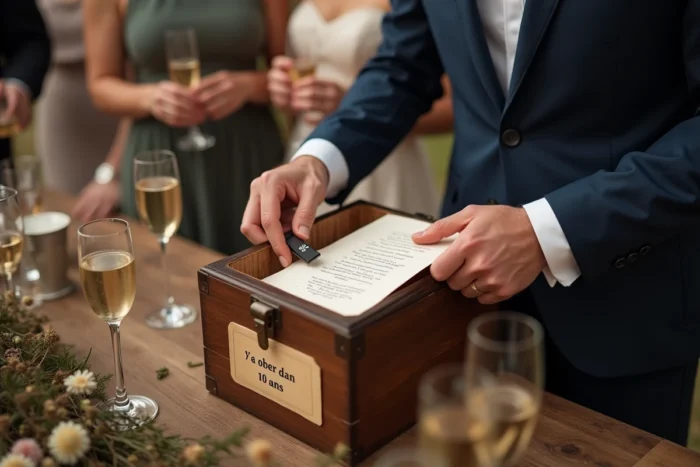 Un invité dépose une lettre et un souvenir dans une capsule temporelle en bois lors d'un mariage