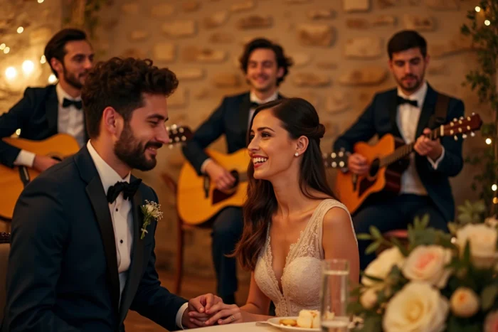 Des proches interprètent en live une chanson personnalisée devant les mariés émus lors de la réception