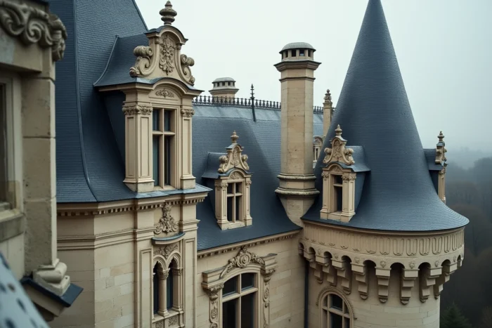 Détail architectural des cheminées et toits ornementés du Château de Chambord témoignant de son patrimoine Renaissance