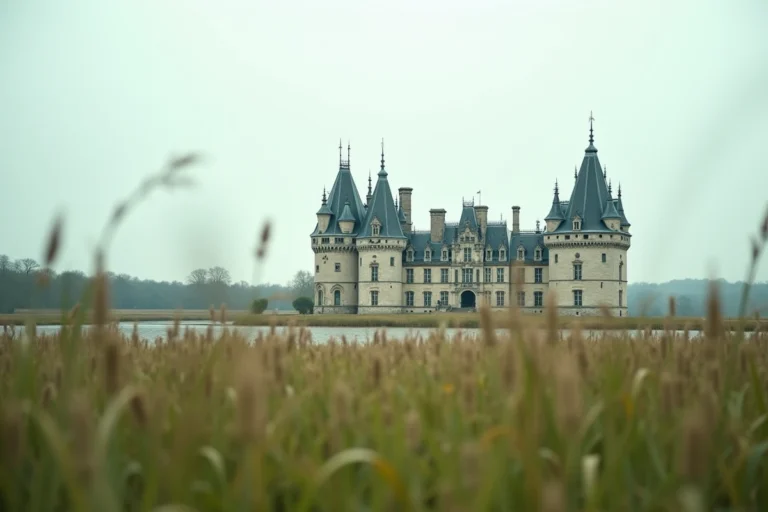 Vue panoramique du Château de Chambord depuis les prairies environnantes, mettant en valeur son architecture Renaissance emblématique