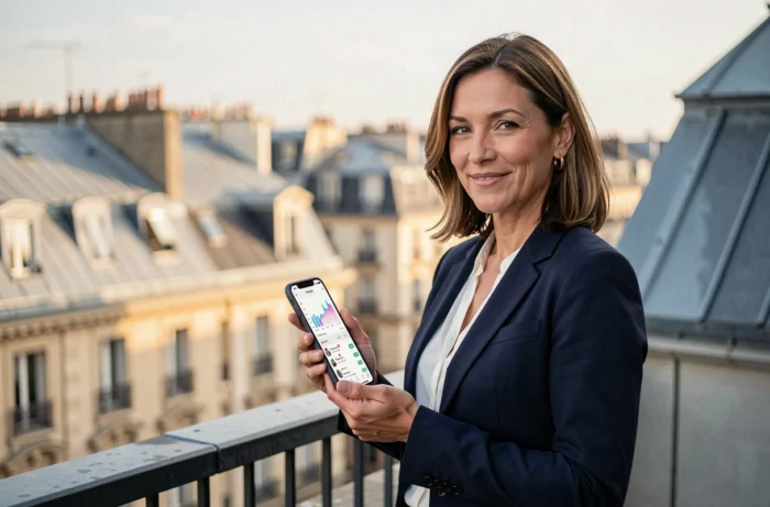 Cheffe d'entreprise parisienne consultant des outils de visibilité en ligne sur smartphone avec vue sur les toits de Paris