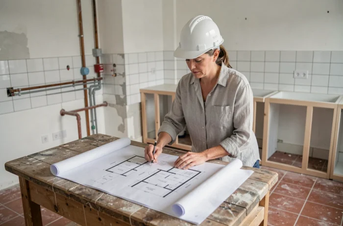Projektleiterin, die Architekturpläne in einer renovierungsbedürftigen Küche studiert