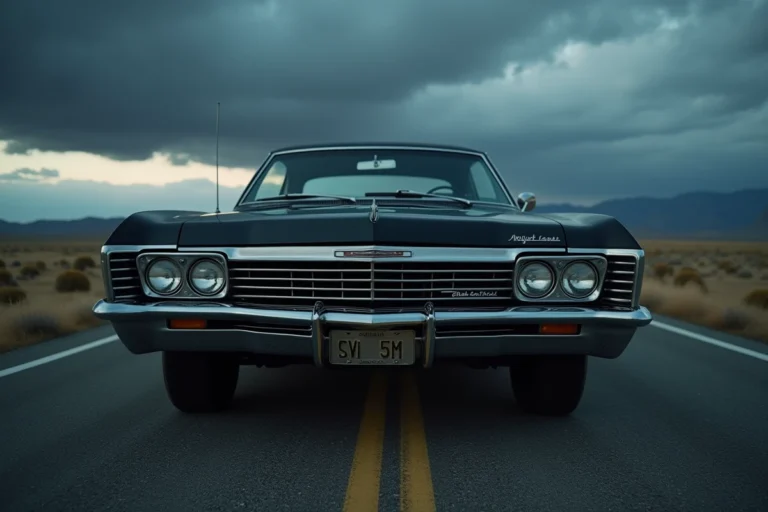 Chevrolet Impala 1967 noire de la série Supernatural garée sur une route américaine déserte au crépuscule, vue de trois quarts avant