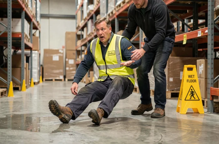 Homme d'âge moyen glissant sur un sol mouillé dans un entrepôt, illustrant les chutes liées aux accidents du travail