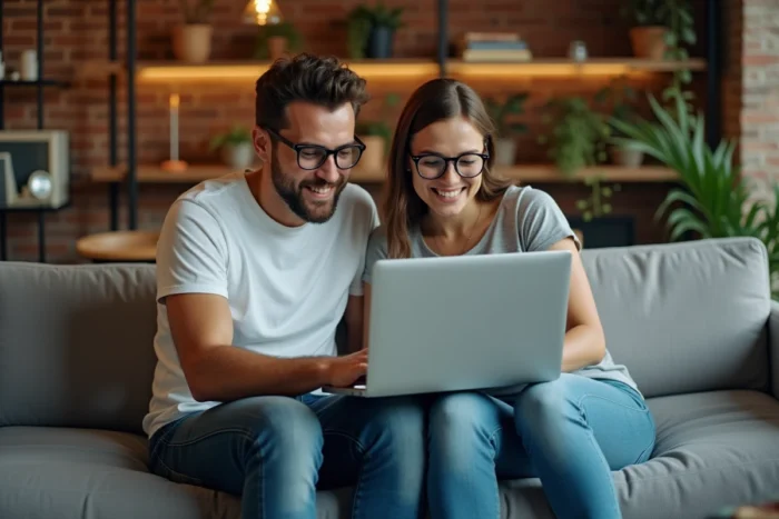 Deux jeunes professionnels collaborant sur les tendances informatiques dans un espace de coworking moderne et détendu