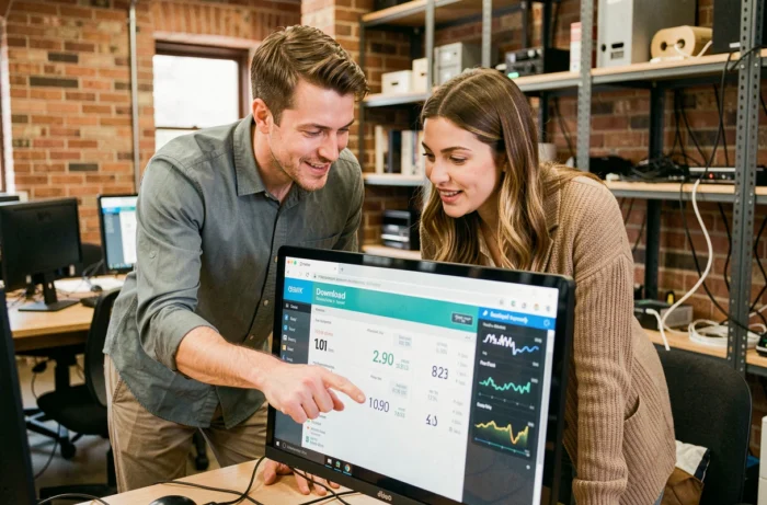 Deux collègues analysant des métriques de vitesse de téléchargement sur un écran dans un espace de coworking