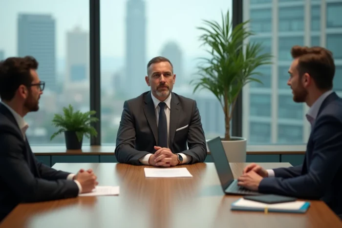 Commercial en réunion de closing avec des clients autour d'une table de conférence avec contrat signé