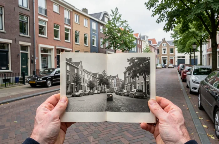 Hände, die ein altes Schwarz-Weiß-Foto einer Wohnstraße mit dem gleichen Viertel heute vergleichen