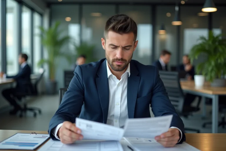 Un professionnel en costume compare deux services bancaires entreprise sur des documents imprimés dans un bureau moderne