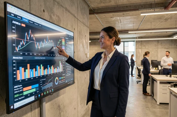 Conseillère financière présentant les projections boursières d'Airbus pour 2026 sur un écran interactif dans un espace de travail moderne
