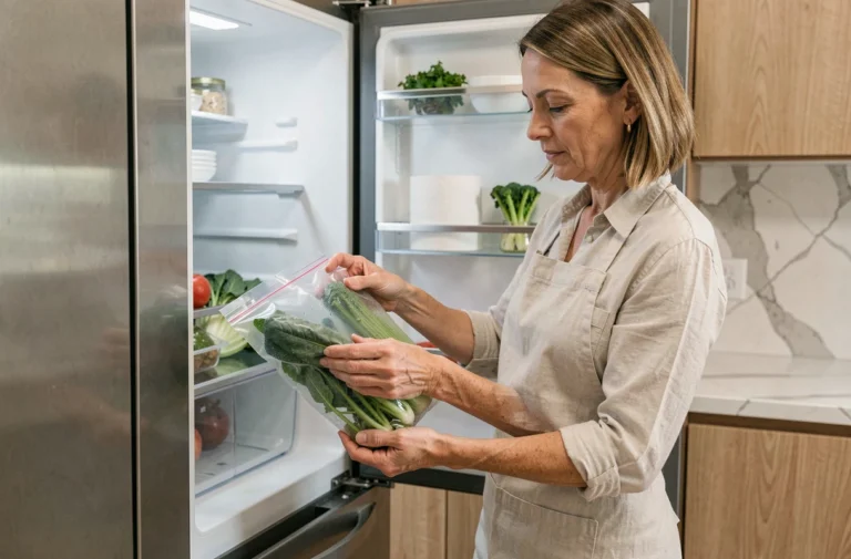 Femme rangeant des aliments sous vide dans un réfrigérateur moderne pour une conservation optimale
