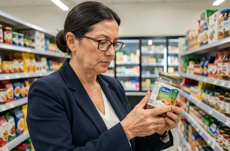 Femme examinant une étiquette produit portant la mention Made in EEC dans un supermarché européen