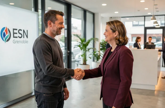 Consultant ESN et client lors d'une rencontre professionnelle dans le hall d'une société de services numériques à Grenoble