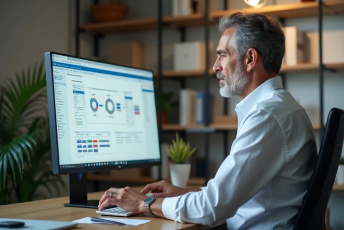 Dirigeant consultant expert analysant la structure organisationnelle d'une entreprise B2B sur écran dans un bureau professionnel