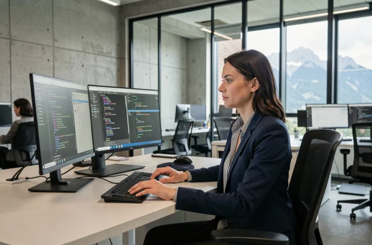 Consultante ESN travaillant sur un projet informatique dans un open space moderne à Grenoble