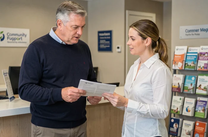 Un homme d'âge mûr en consultation avec une conseillère dans un bureau d'accompagnement familial, illustrant les ressources pratiques disponibles pour soutenir les familles