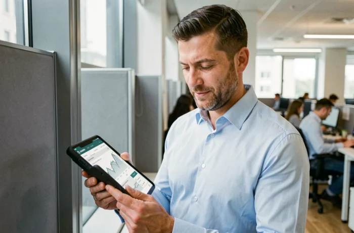 Uomo che consulta un cruscotto bancario su tablet in un ambiente d'ufficio professionale moderno
